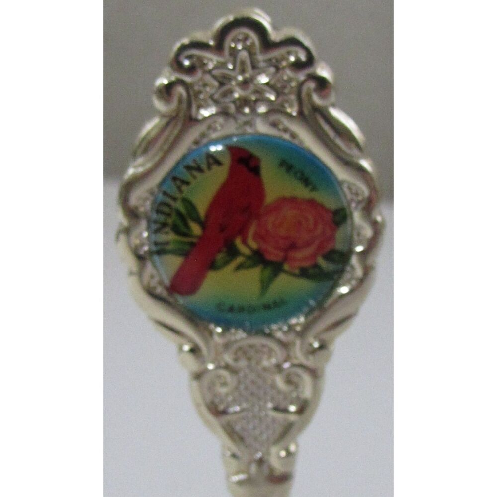 Indiana State bell souvenir cardinal bird peony flower silver tone